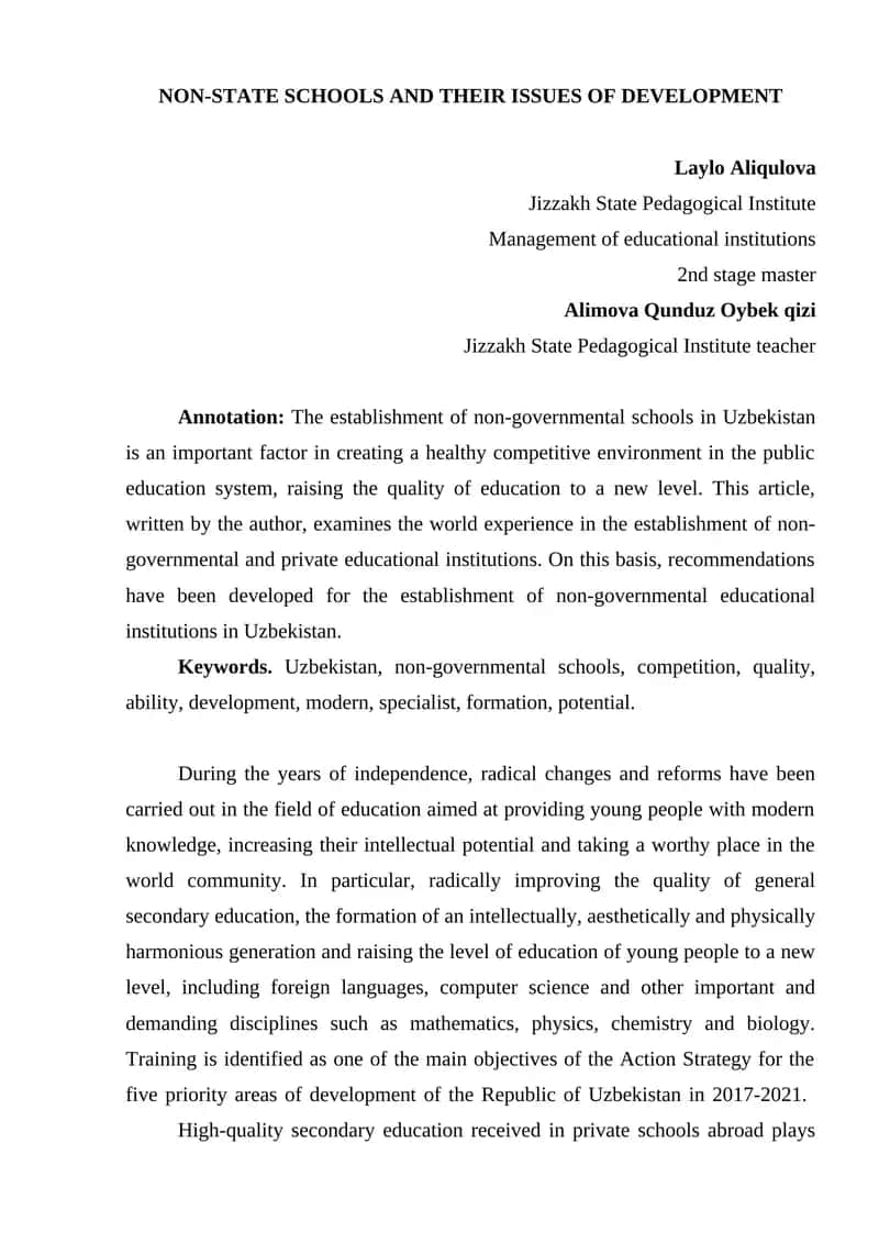 NON-STATE SCHOOLS AND THEIR ISSUES OF DEVELOPMENT 1