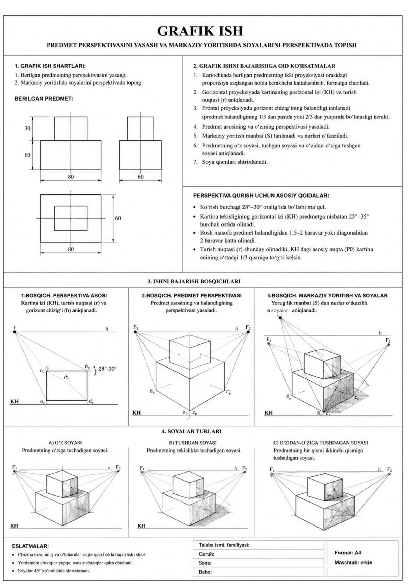 Perspektivada predmet soyalarini qurish — Grafik ish va amaliy topshiriq 1