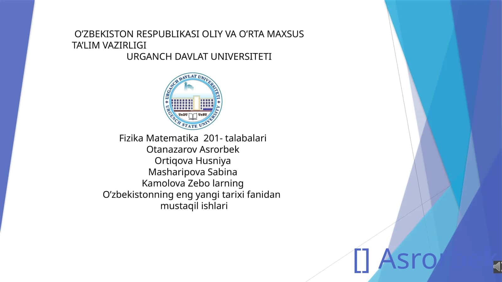 O'zbekistonning eng yangi tarixi fanidan mustaqil ishlari 1