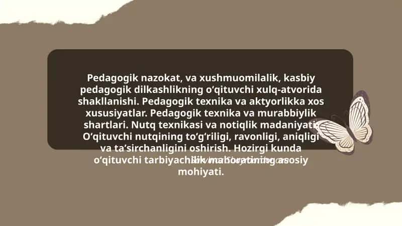 Pedagogik nazokat, va xushmuomilalik, kasbiy pedagogik dilkashlikning oʻqituvchi xulq-atvorida shakllanishi 1