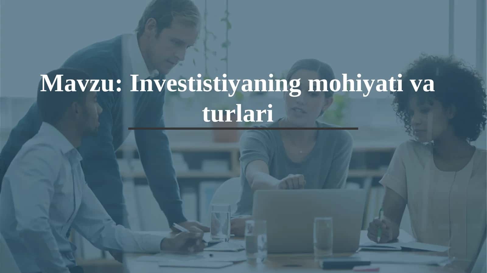 Investitsiya(lotincha:investio— „oʻrash“)—iqtisodiyotnirivojlantirishmaqsadidaoʻzmamlakatidayokichetellardaturlitarmoqlarga,ijtimoiy-iqtisodiydasturlarga,innovatsiya,tadbirkorlikloyihalarigauzoq,muddatlikapitalkiritish 1