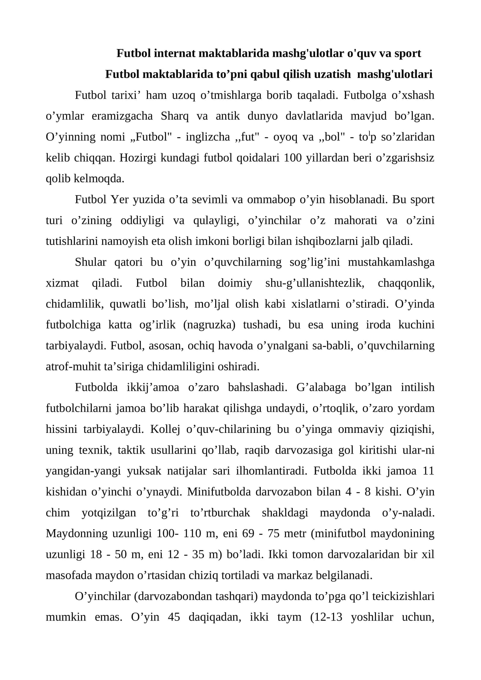 Futbol internat maktablarida mashg'ulotlar o'quv va sport 1