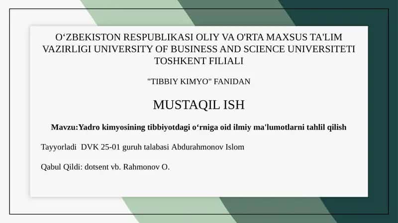 Yadro kimyosining tibbiyotdagi o'rniga oid ma'lumotlar 1