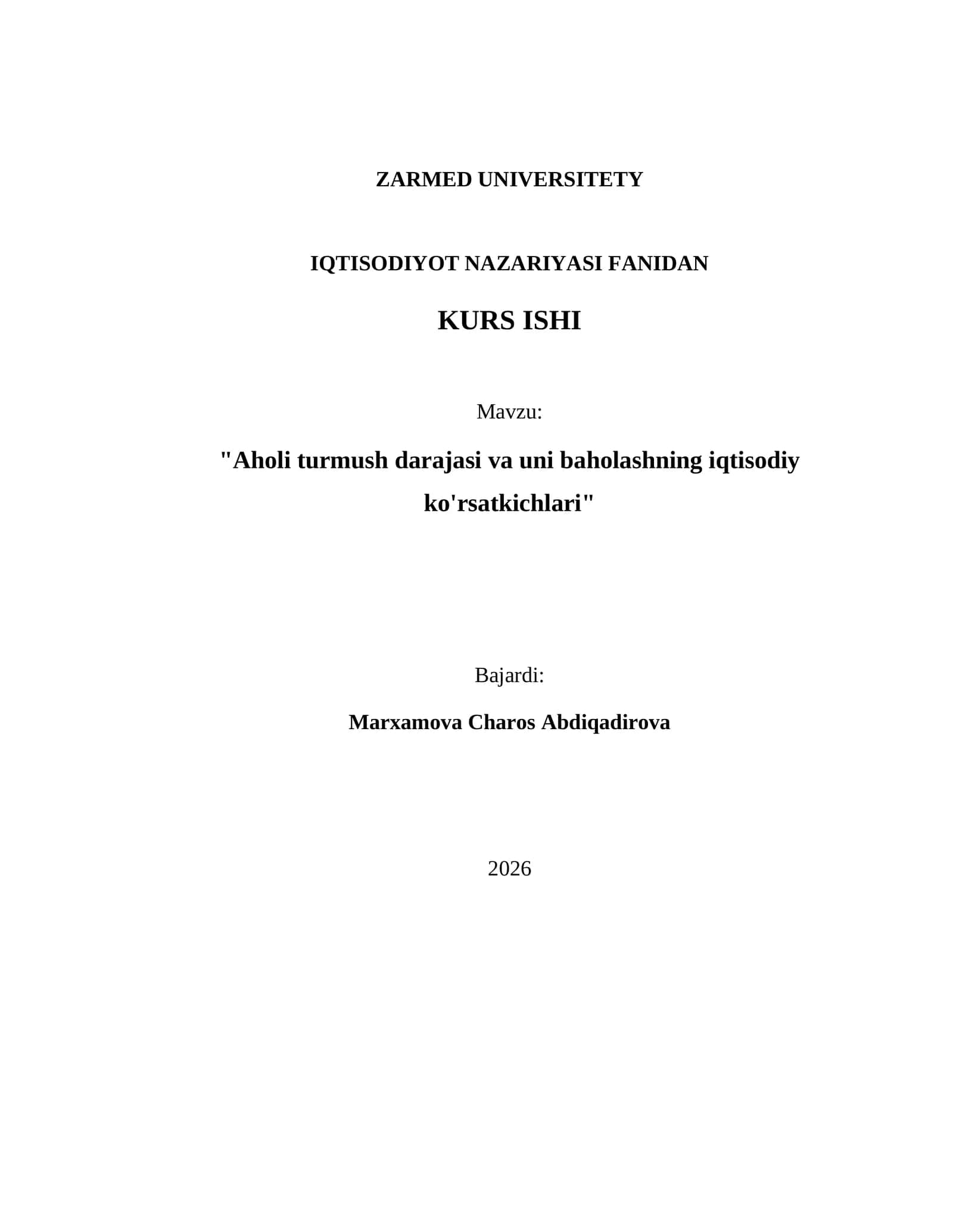 ZARMED UNIVERSITETY IQTISODIYOT NAZARIYASI FANIDAN KURS ISHI 1