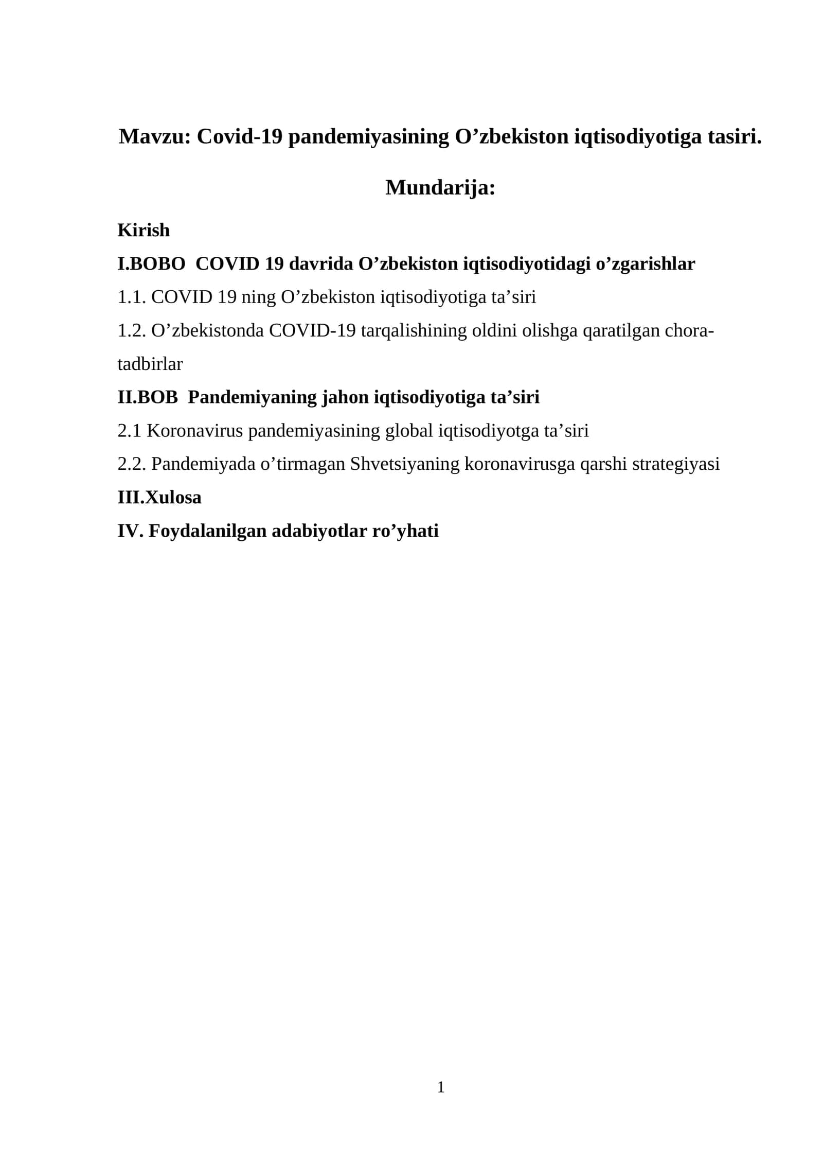 Covid-19 pandemiyasining O’zbekiston iqtisodiyotiga tasiri 1
