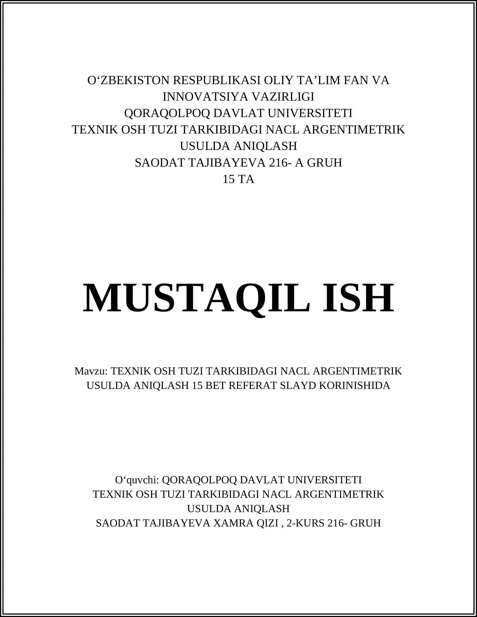 TEXNIK OSH TUZI TARKIBIDAGI NACL ARGENTIMETRIK USULDA ANIQLASH 1