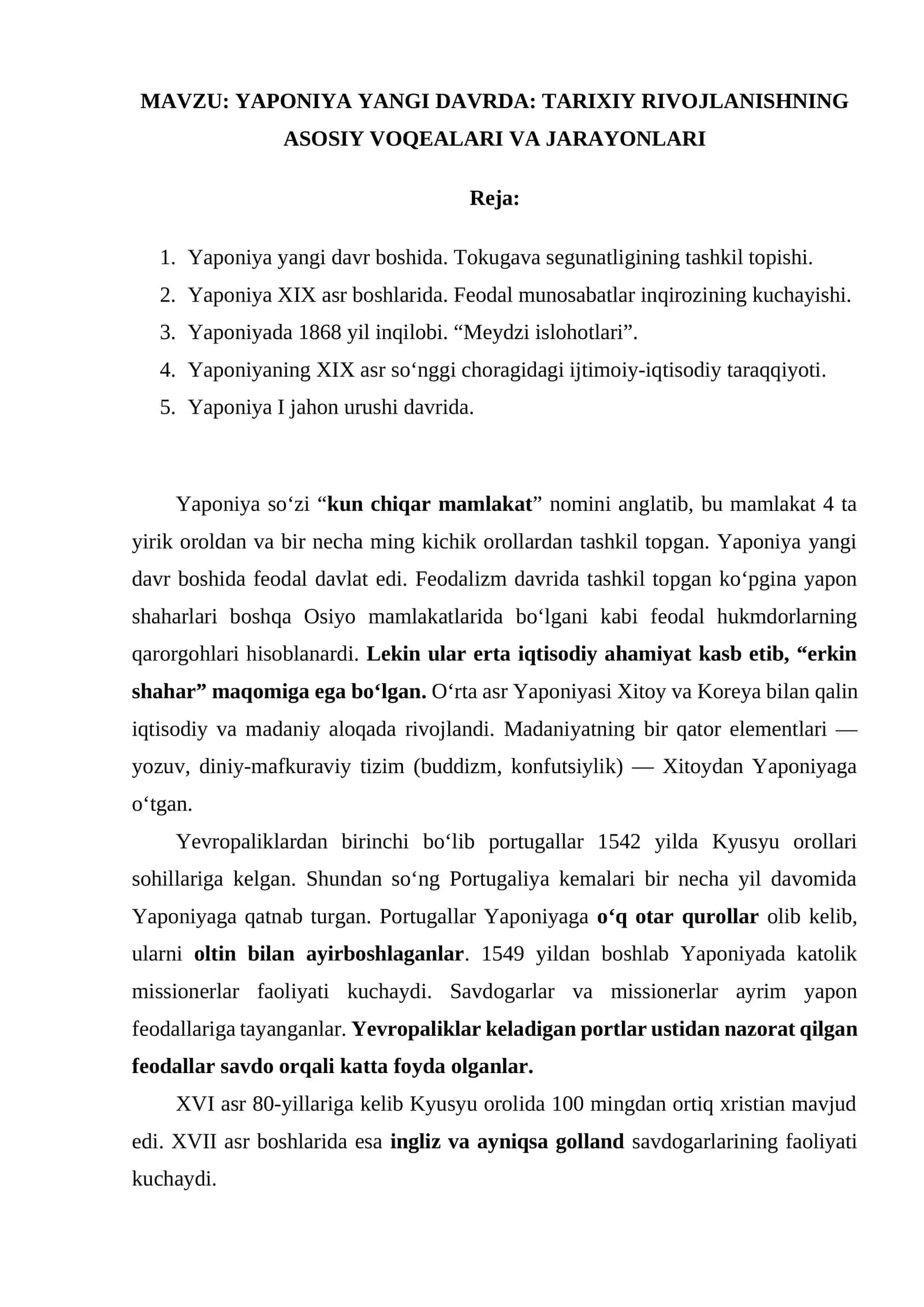 Yaponiya yangi davrda: tarixiy rivojlanishning asosiy voqealari va jarayonlari 1