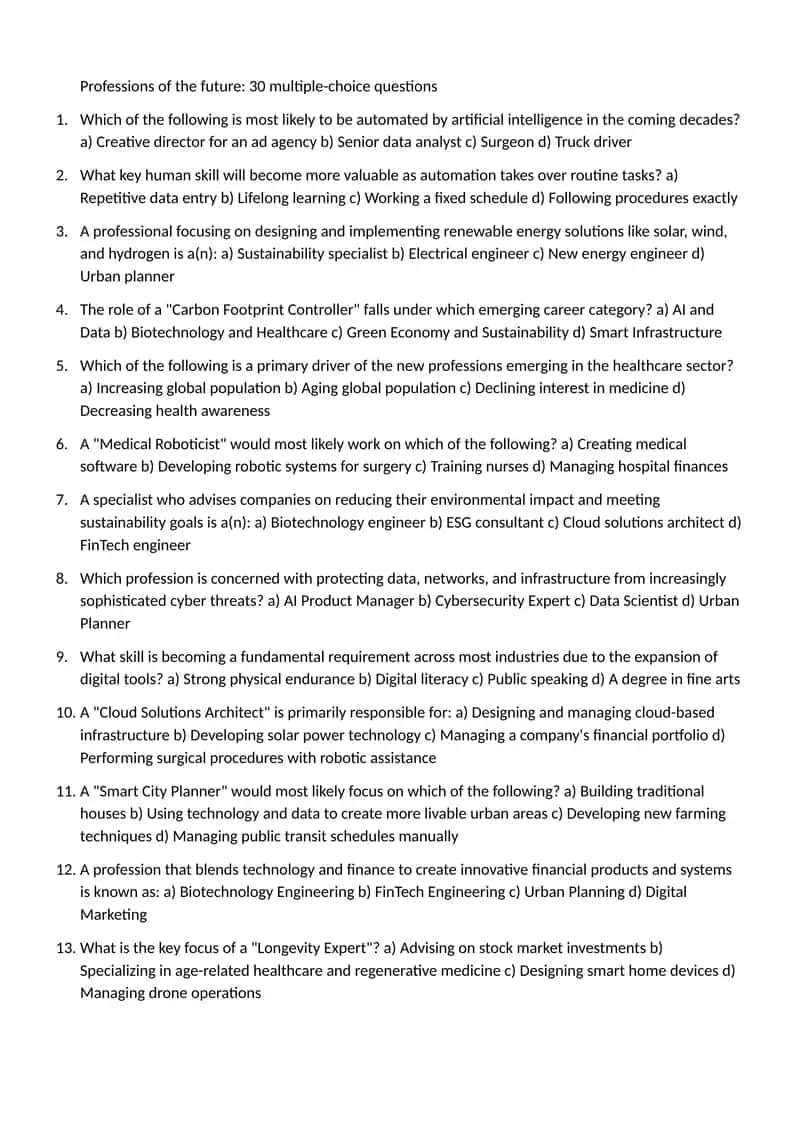 Professions of the Future: 30 Multiple-Choice Questions 1