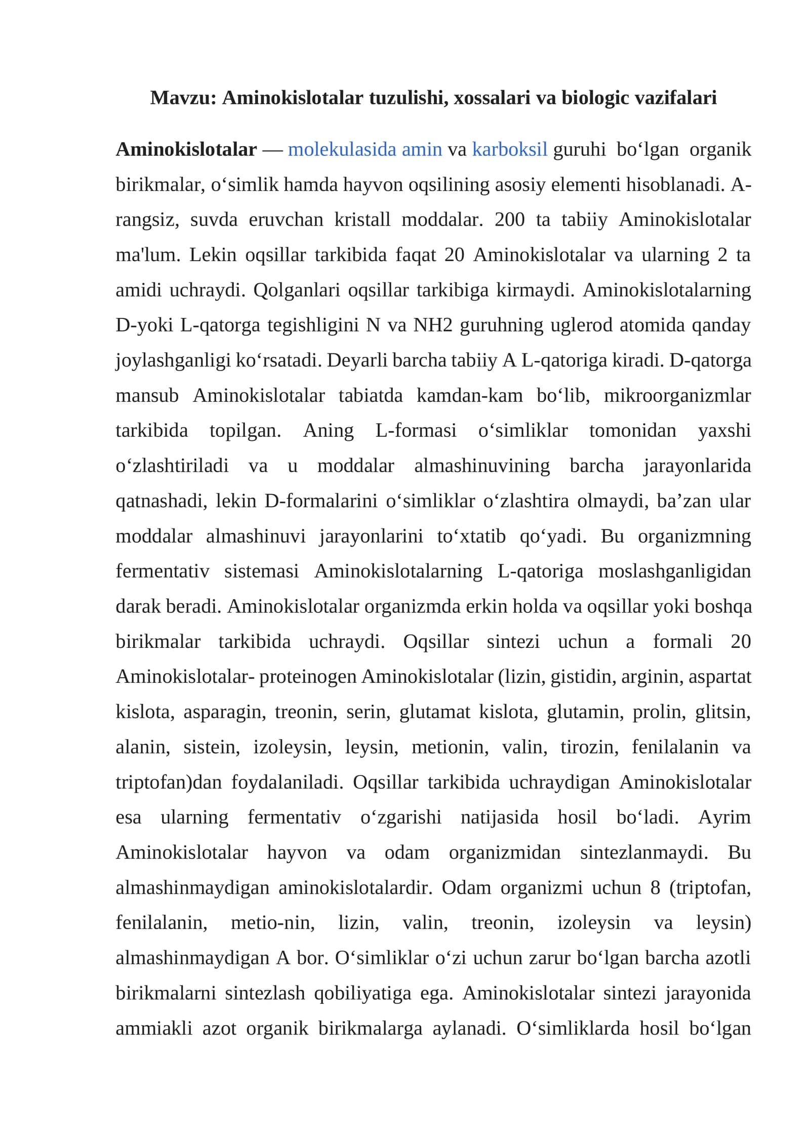Aminokislotalar tuzulishi, xossalari va biologic vazifalari 1