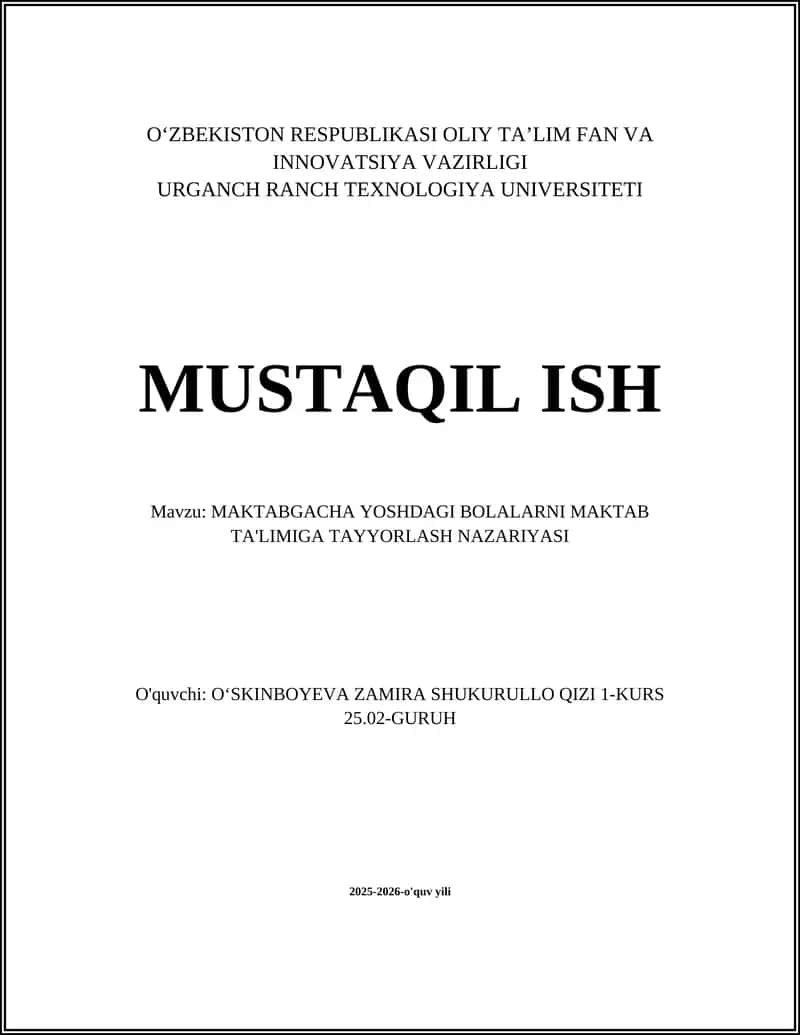 Maktabgacha Yoshdagi Bolalarni Maktab Ta'limiga Tayyorlash Nazariyasi 1