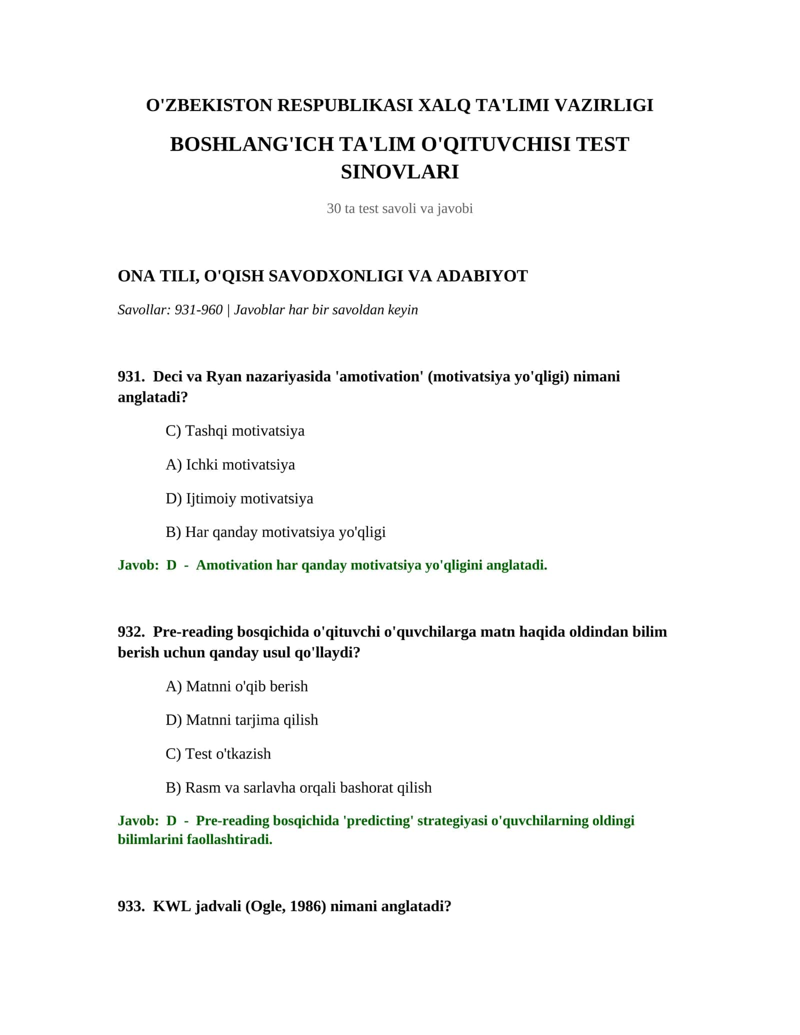 BOSHLANG'ICH TA'LIM O'QITUVCHISI TEST SINOVLARI 1