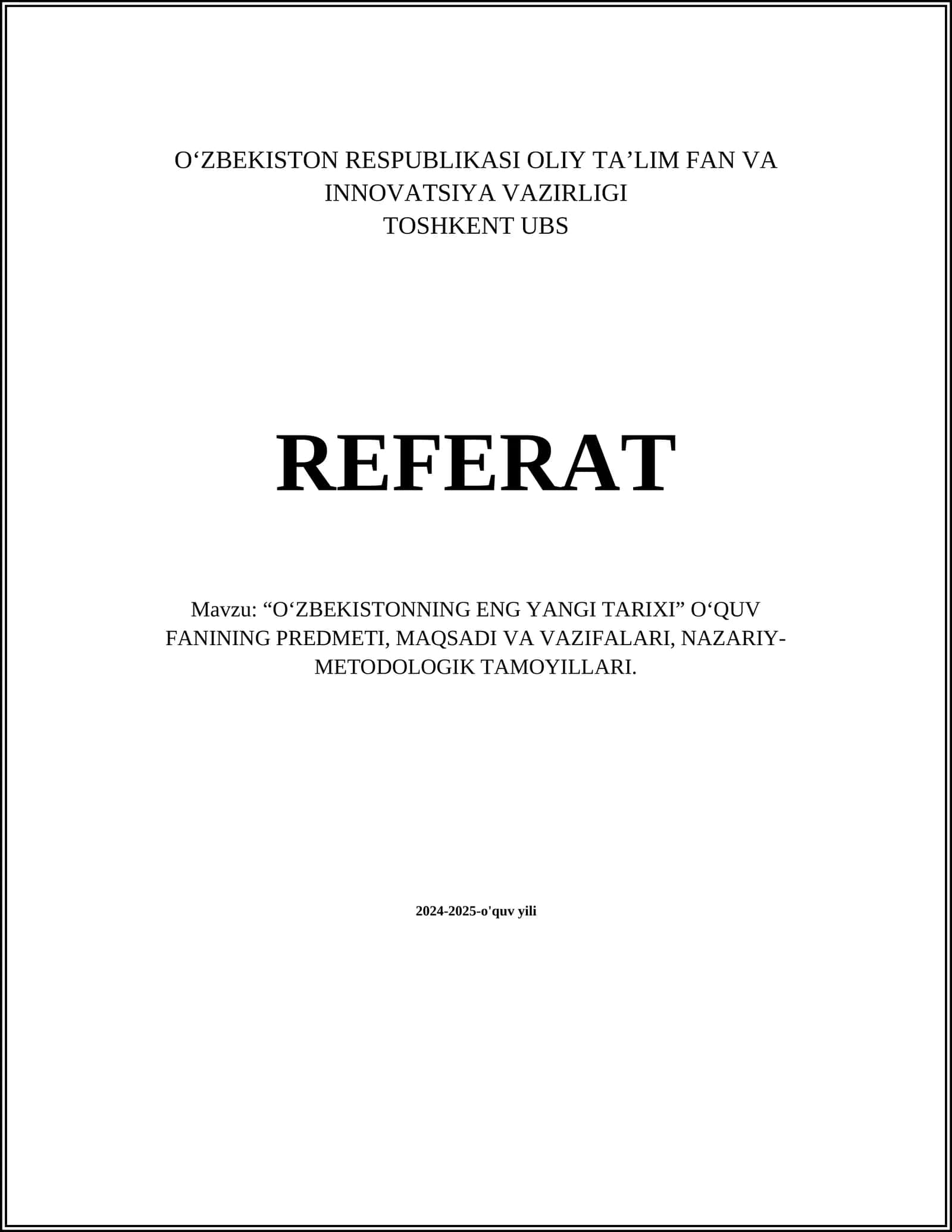 "O‘zbekistonning eng yangi tarixi" Referat 1