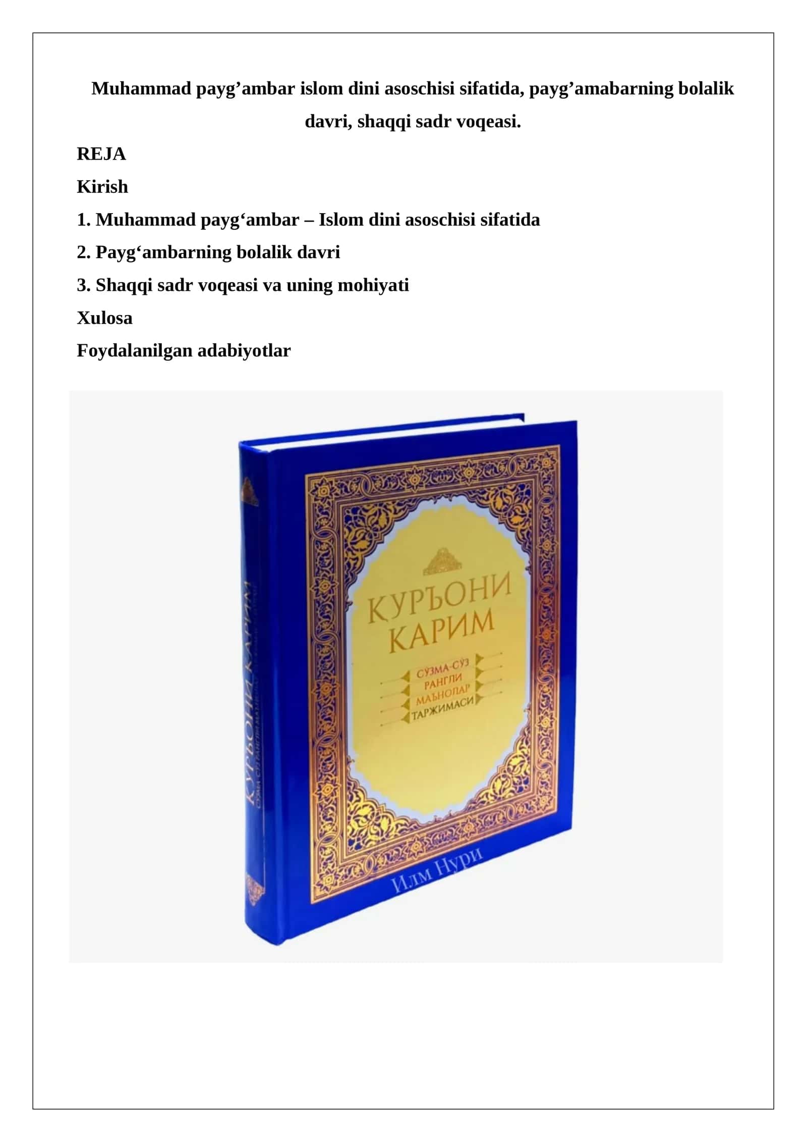 Muhammad payg’ambar islom dini asoschisi sifatida, payg’amabarning bolalik davri, shaqqi sadr voqeasi 1