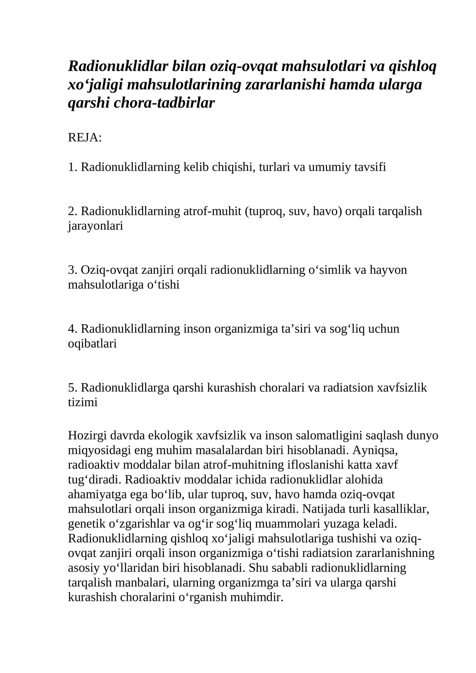 Radionuklidlar bilan oziq-ovqat mahsulotlari va qishloq xo‘jaligi mahsulotlarining zararlanishi hamda ularga qarshi chora-tadbirlar 1