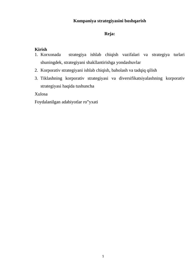 Kompaniya strategiyasini boshqarish 1