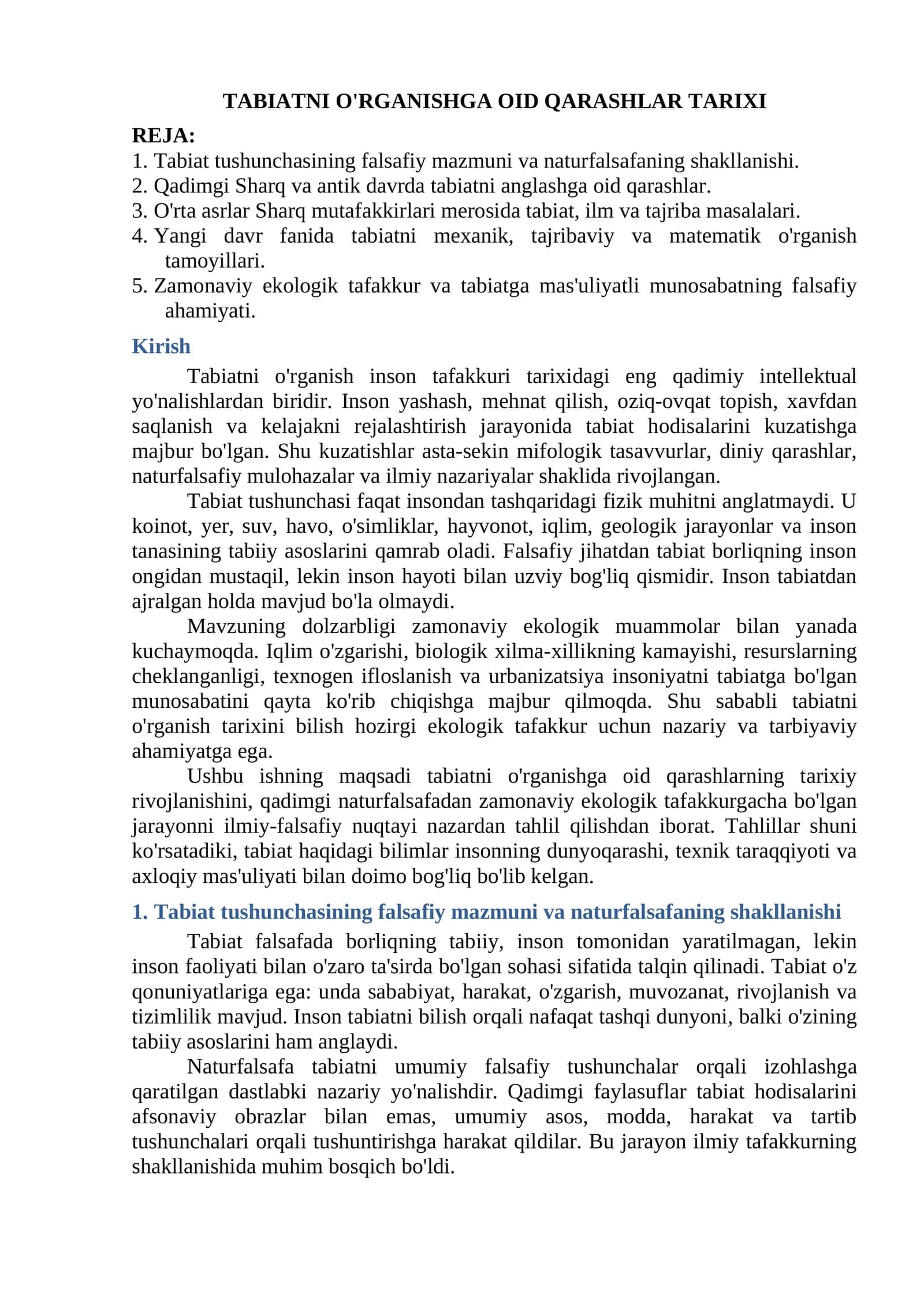 TABIATNI O'RGANISHGA OID QARASHLAR TARIXI 1