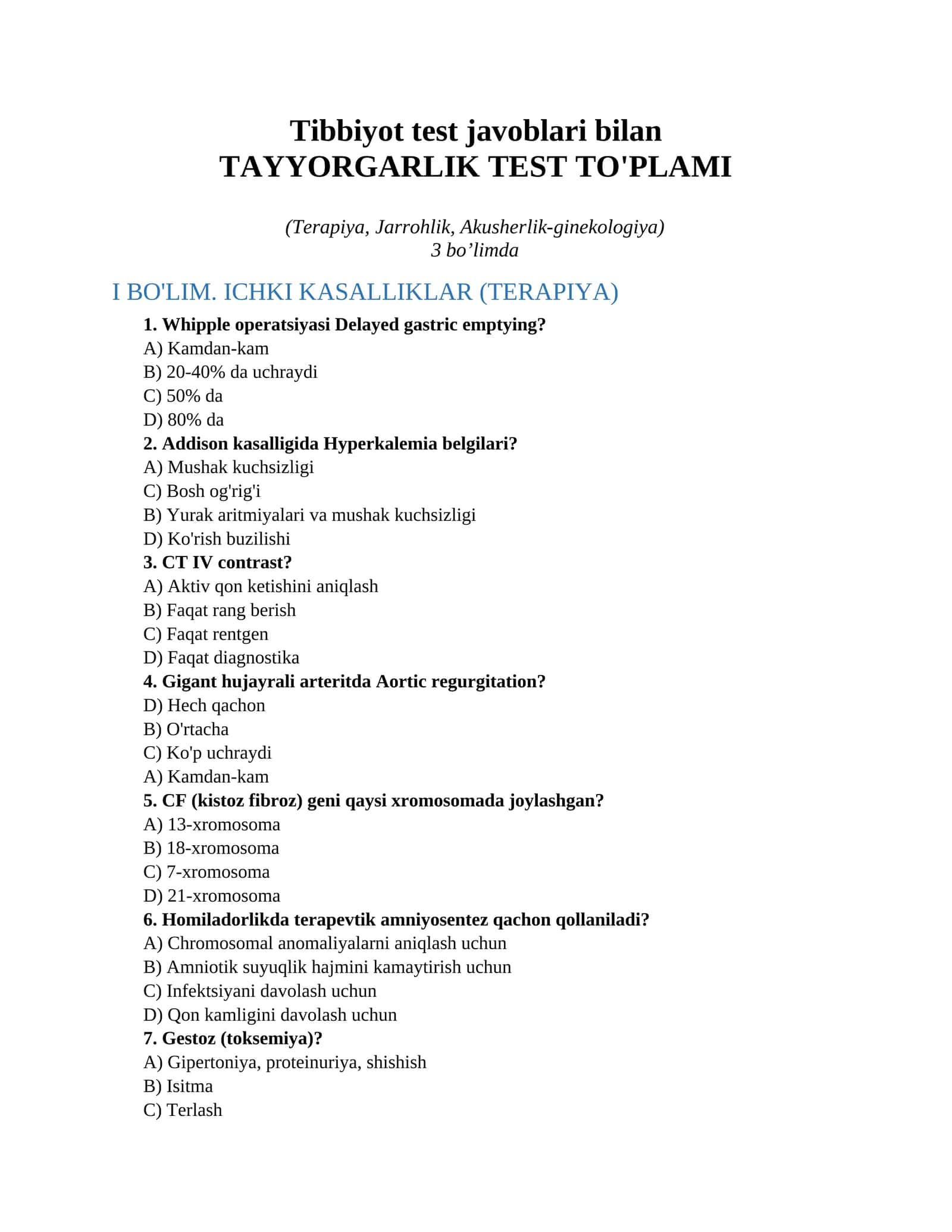 Tibbiyot test javoblari bilan 1