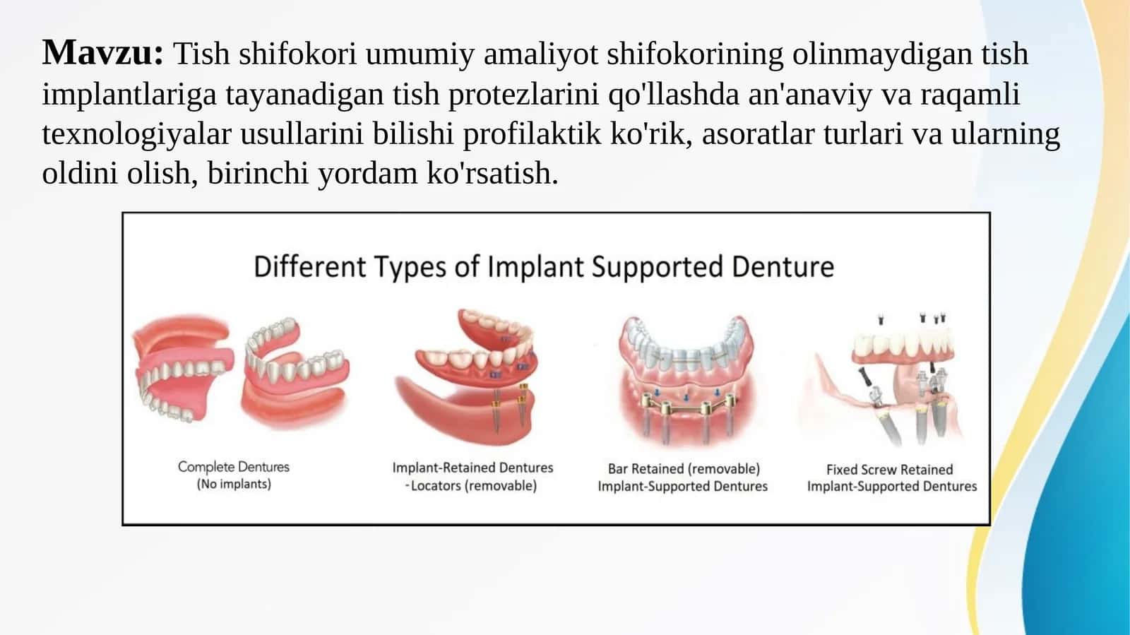 Tish shifokori umumiy amaliyot shifokorining olinmaydigan tish implantlariga tayanadigan tish protez 1