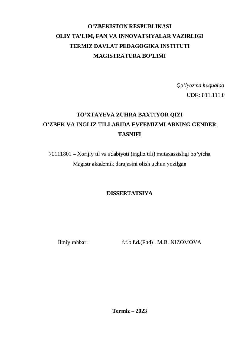 O’ZBEK VA INGLIZ TILLARIDA EVFEMIZMLARNING GENDER TASNIFI 1