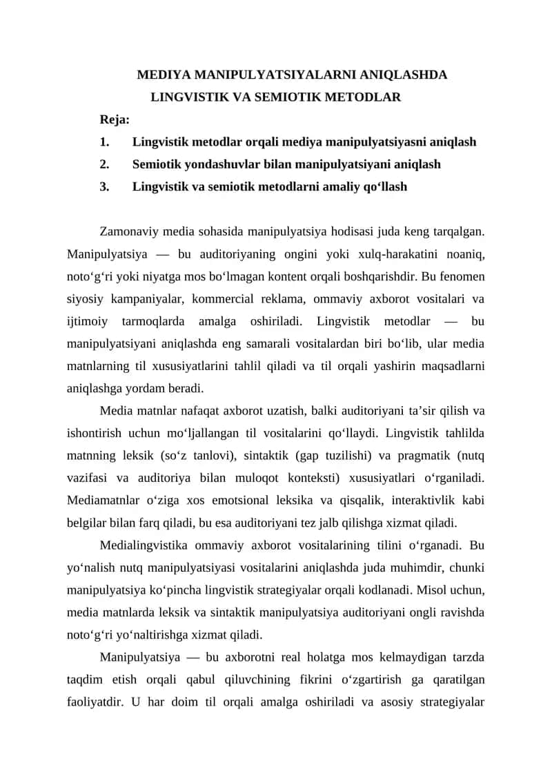 MEDIYA MANIPULYATSIYALARNI ANIQLASHDA LINGVISTIK VA SEMIOTIK METODLAR 1
