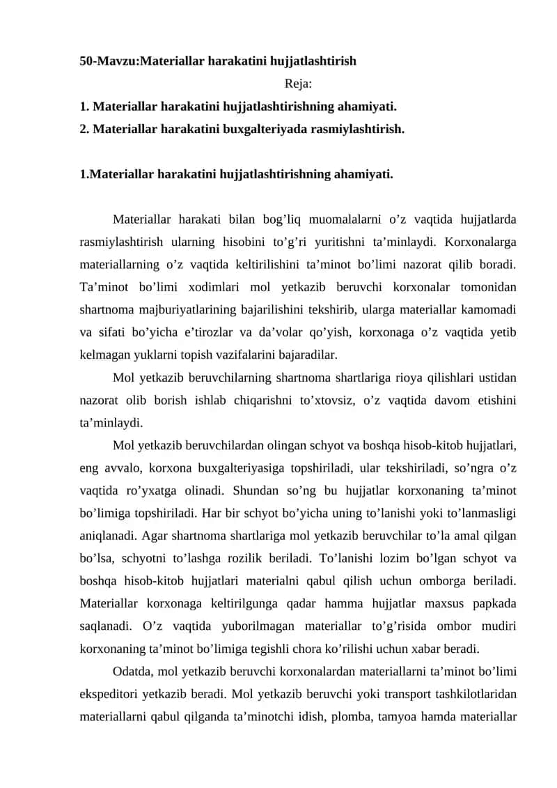 Materiallar harakatini hujjatlashtirish 1