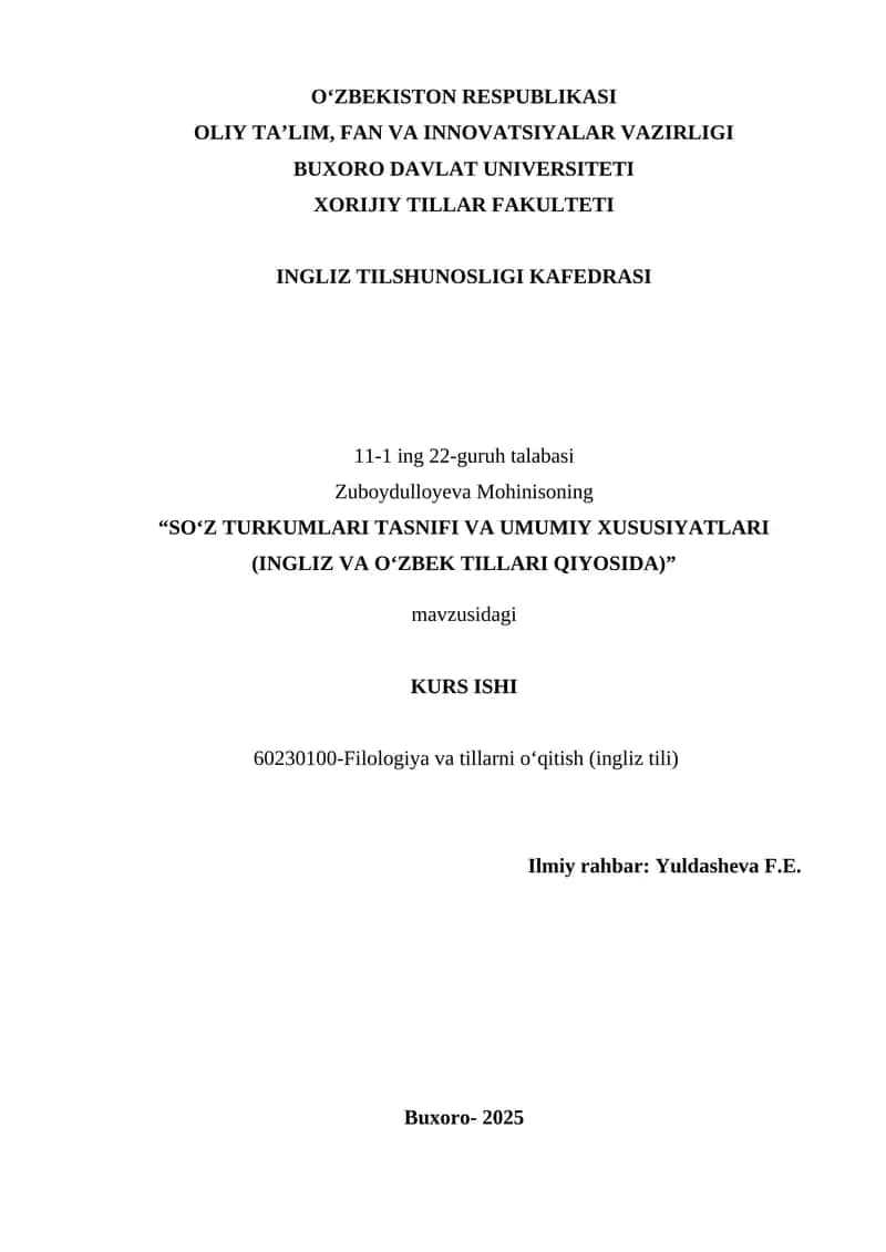 SO‘Z TURKUMLARI TASNIFI VA UMUMIY XUSUSIYATLARI (INGLIZ VA O‘ZBEK TILLARI QIYOSIDA) 1