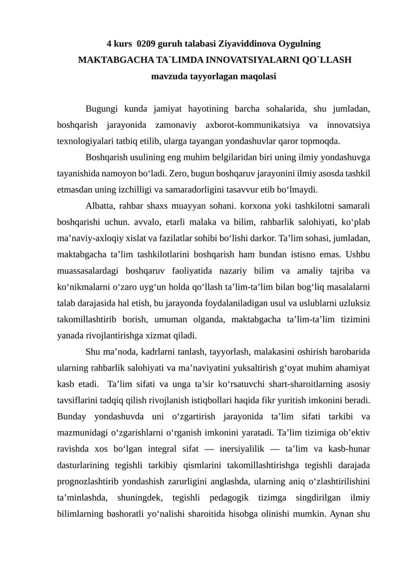 MAKTABGACHA TA`LIMDA INNOVATSIYALARNI QO`LLASH 1