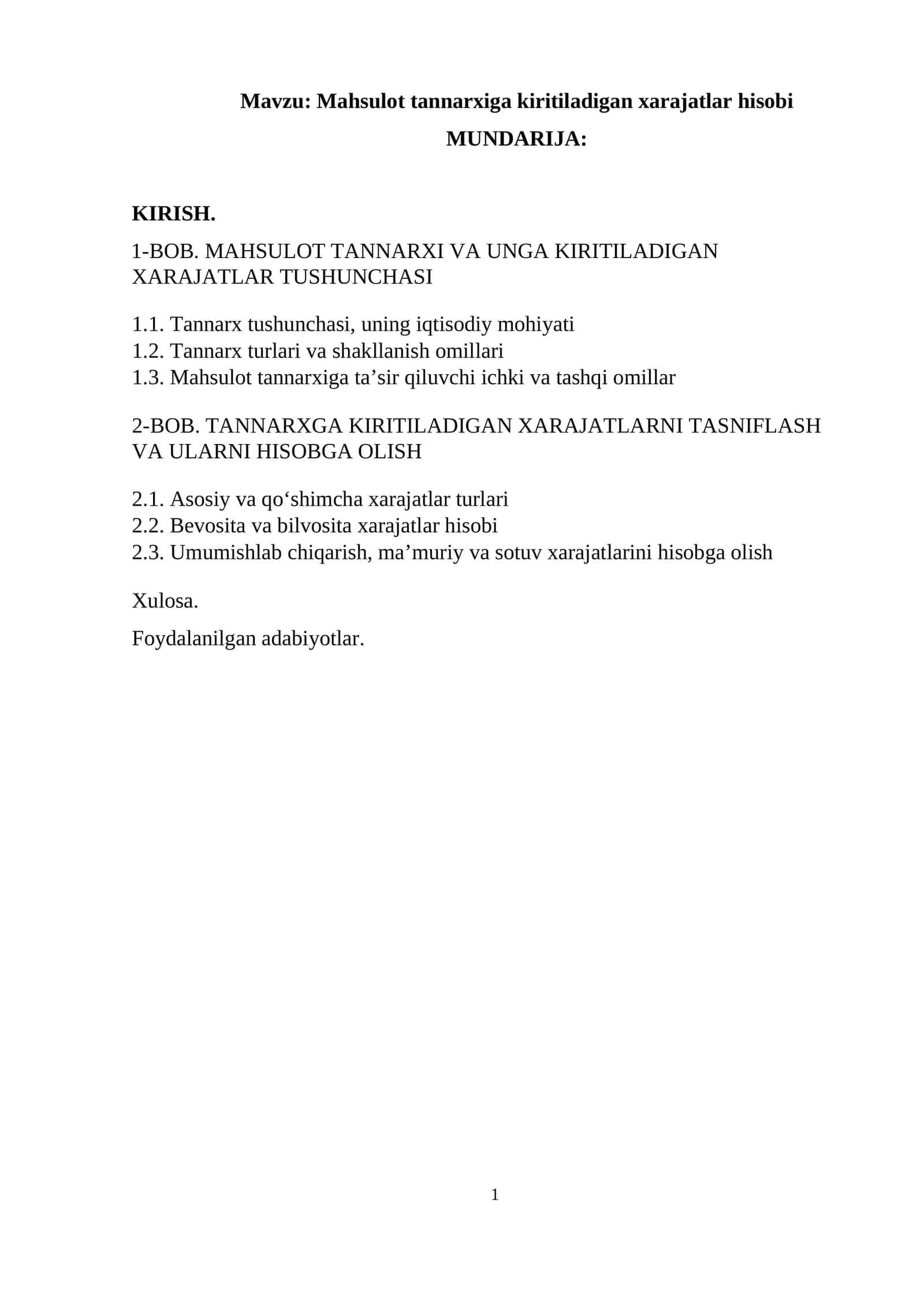 Mahsulot tannarxiga kiritiladigan xarajatlar hisobi  kurs ishi 1
