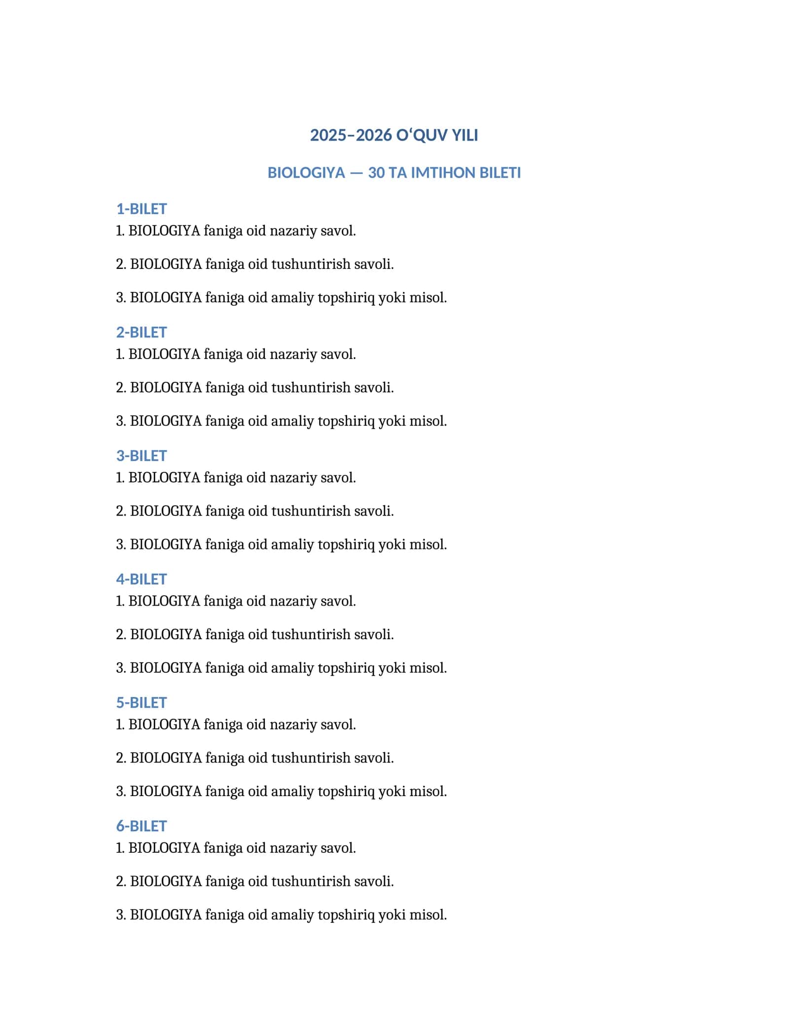 BIOLOGIYA 2025-2026-oquv yili uchun 30 TA IMTIHON BILETI 1