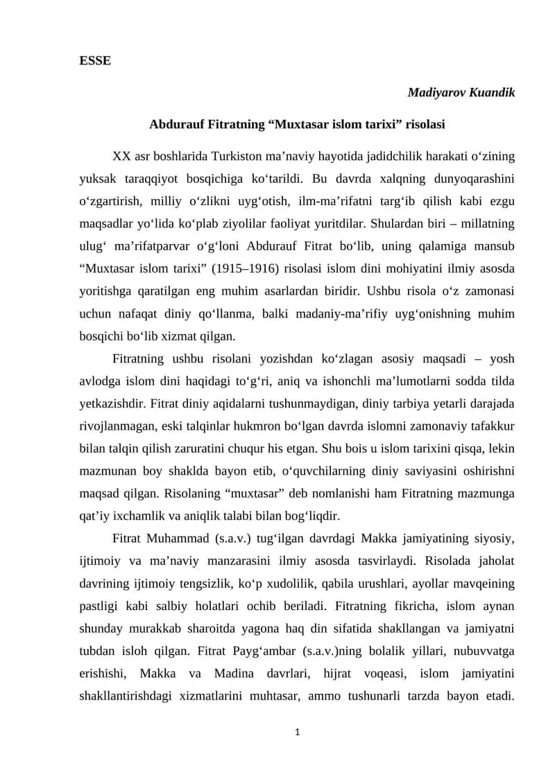 Abdurauf Fitratning “Muxtasar islom tarixi” risolasi 1