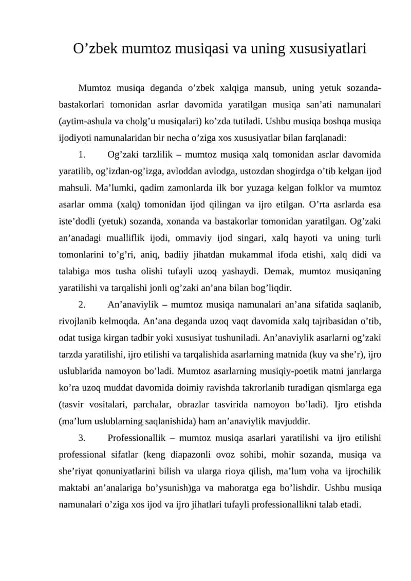 O’zbek mumtoz musiqasi va uning xususiyatlari 1