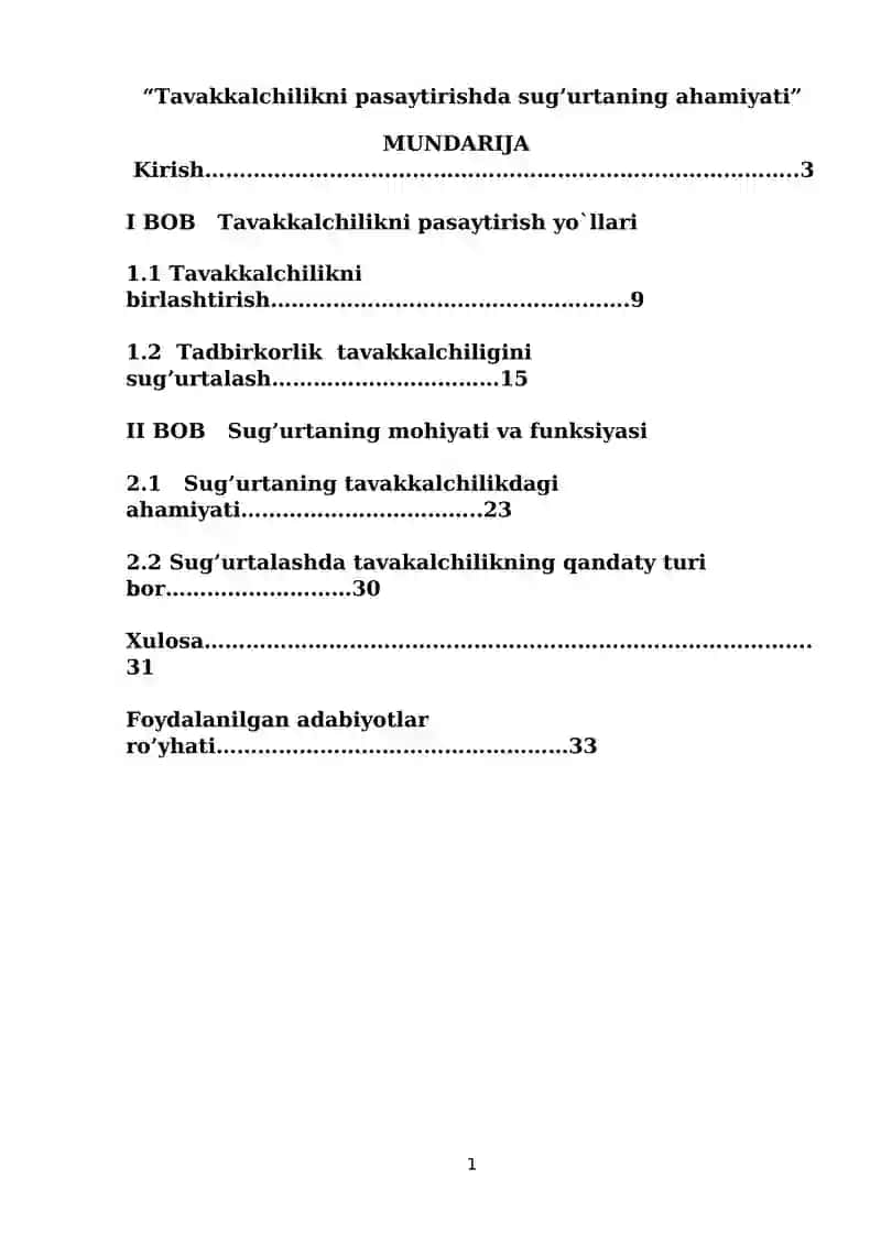 Tavakkalchilikni pasaytirishda sug’urtaning ahamiyati