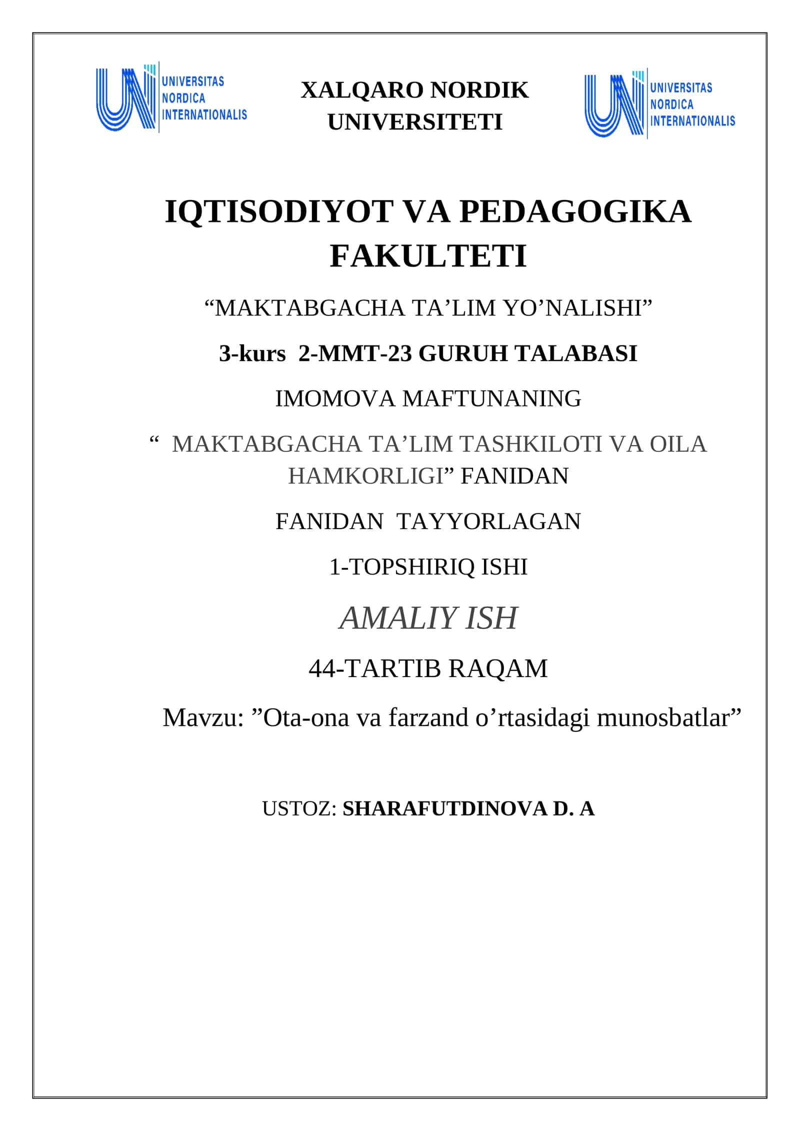 ”Ota-ona va farzand o’rtasidagi munosbatlar” 1