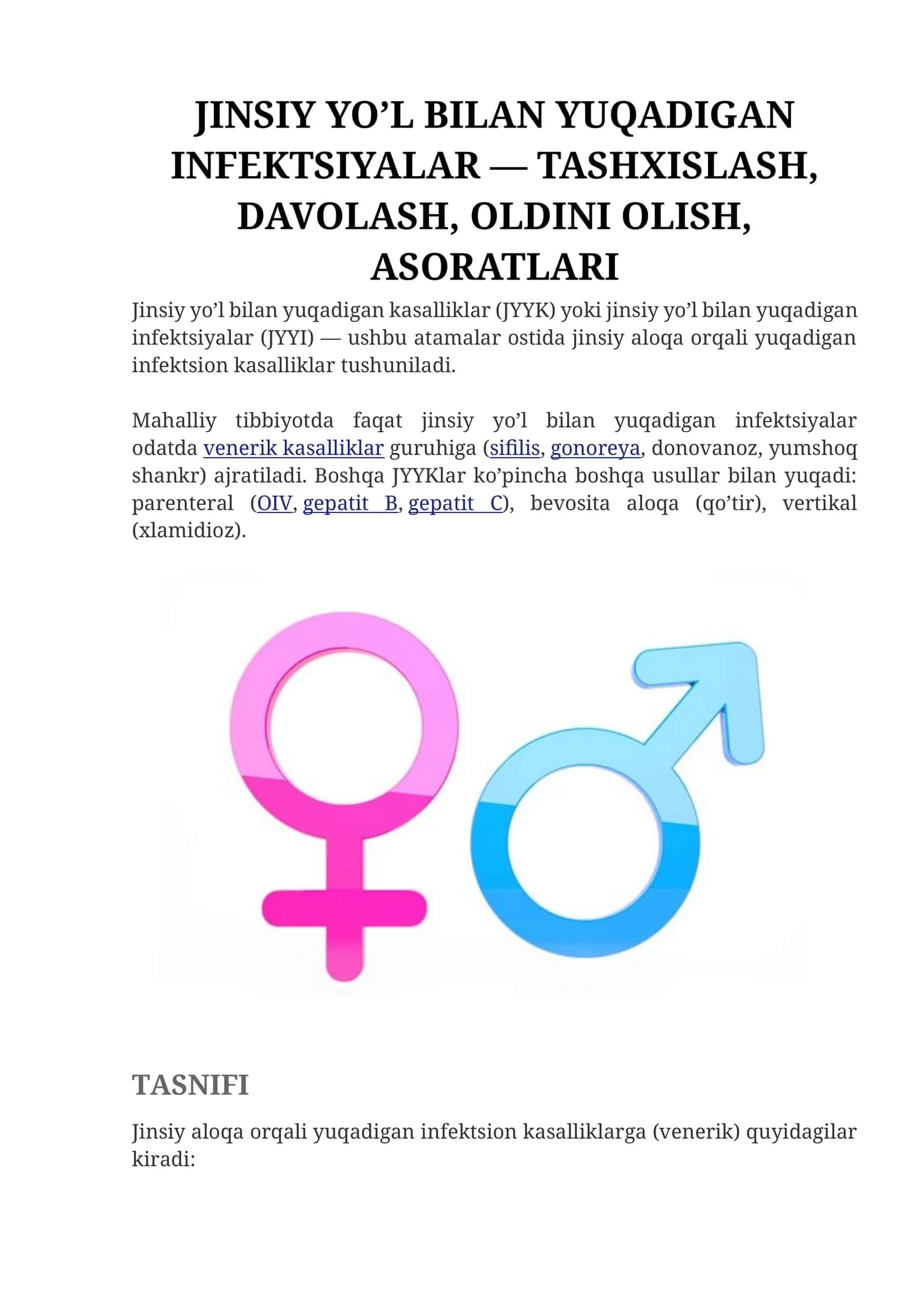 JINSIY YO’L BILAN YUQADIGAN INFEKSIYALAR — TASHXISLASH, DAVOLASH, OLDINI OLISH, ASORATLARI 1