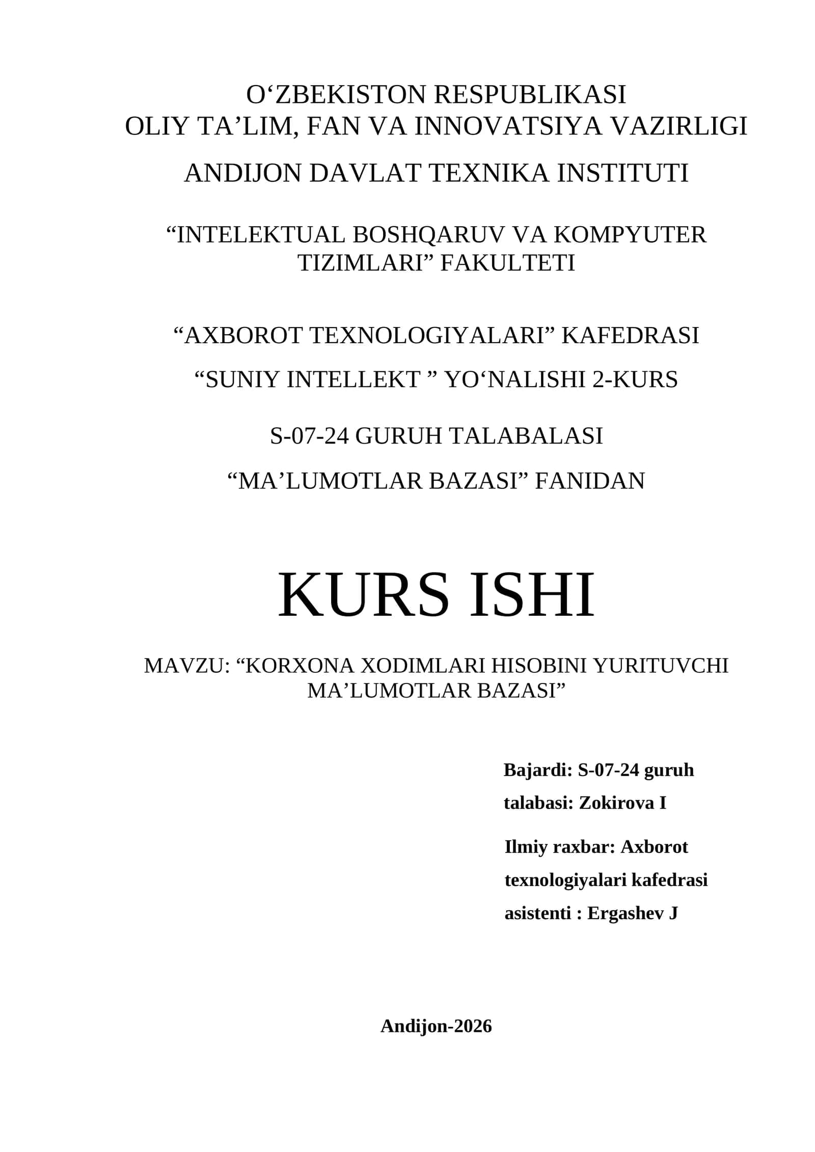 Korxona xodimlari hisobini yurituvchi ma’lumotlar bazasi 1
