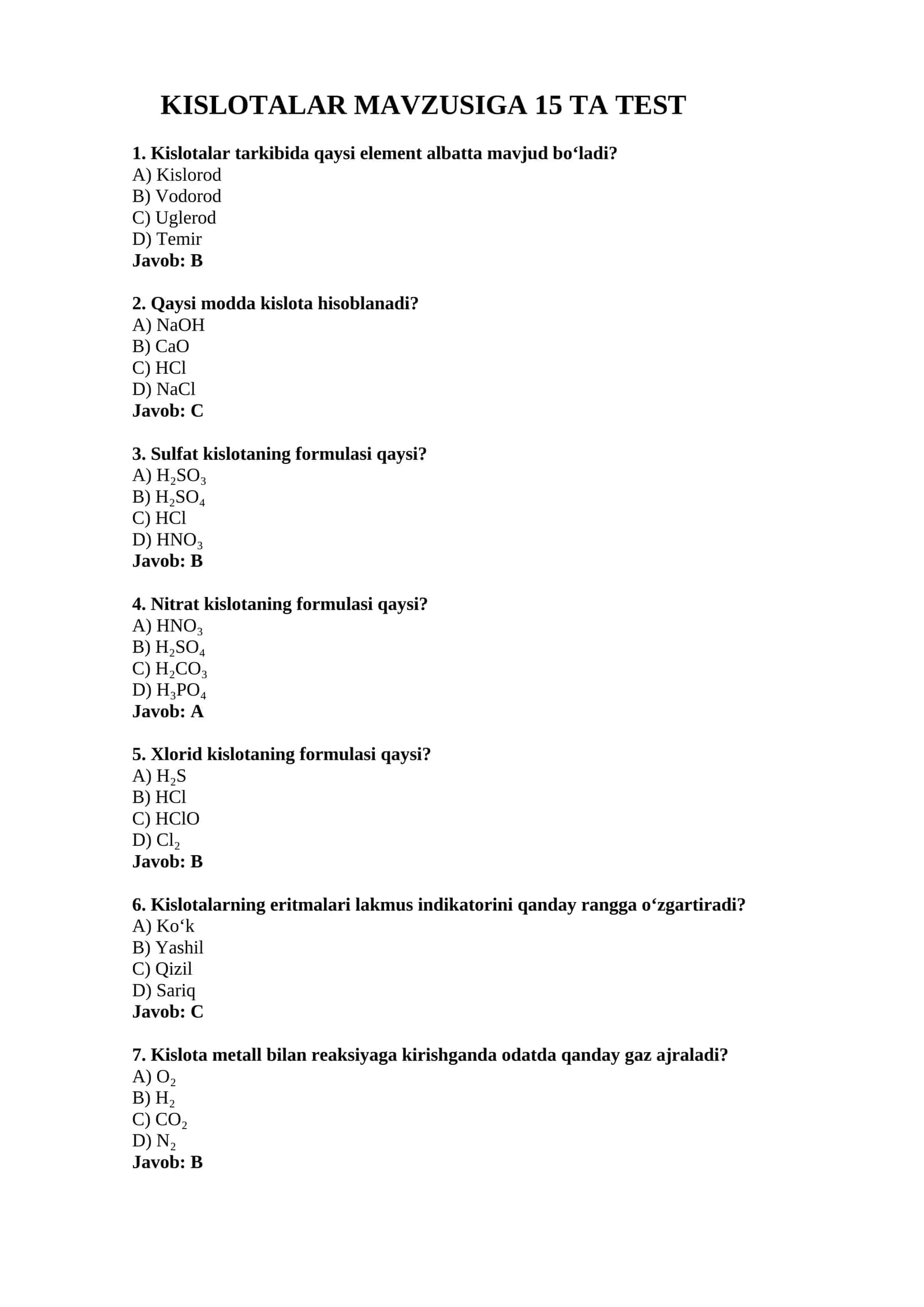 KISLOTALAR MAVZUSIGA 15 TA TEST 1