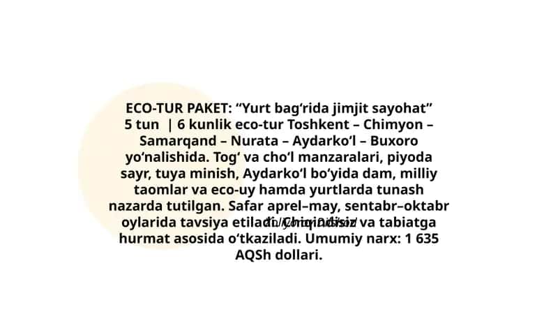 ECO-TUR PAKET: “Yurt bag‘rida jimjit sayohat” 1
