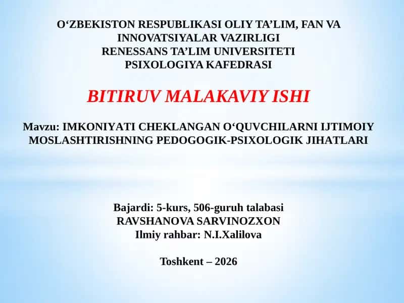 IMKОNIYАTI СHЕKLАNGАN О‘QUVСHILАRNI IJTIMОIY MОSLАSHTIRISHNING PЕDОGОGIK-PSIXОLОGIK JIHАTLАRI 1