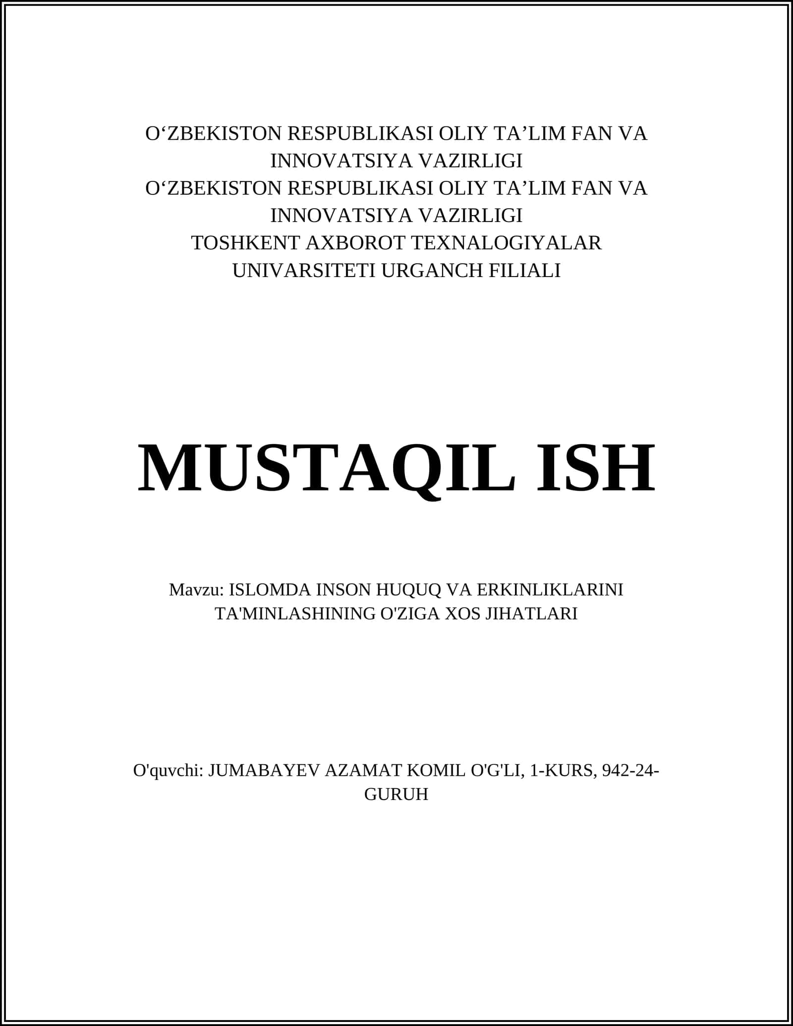 ISLOMDA INSON HUQUQ VA ERKINLIKLARINI TA'MINLASHINING O'ZIGA XOS JIHATLARI 1