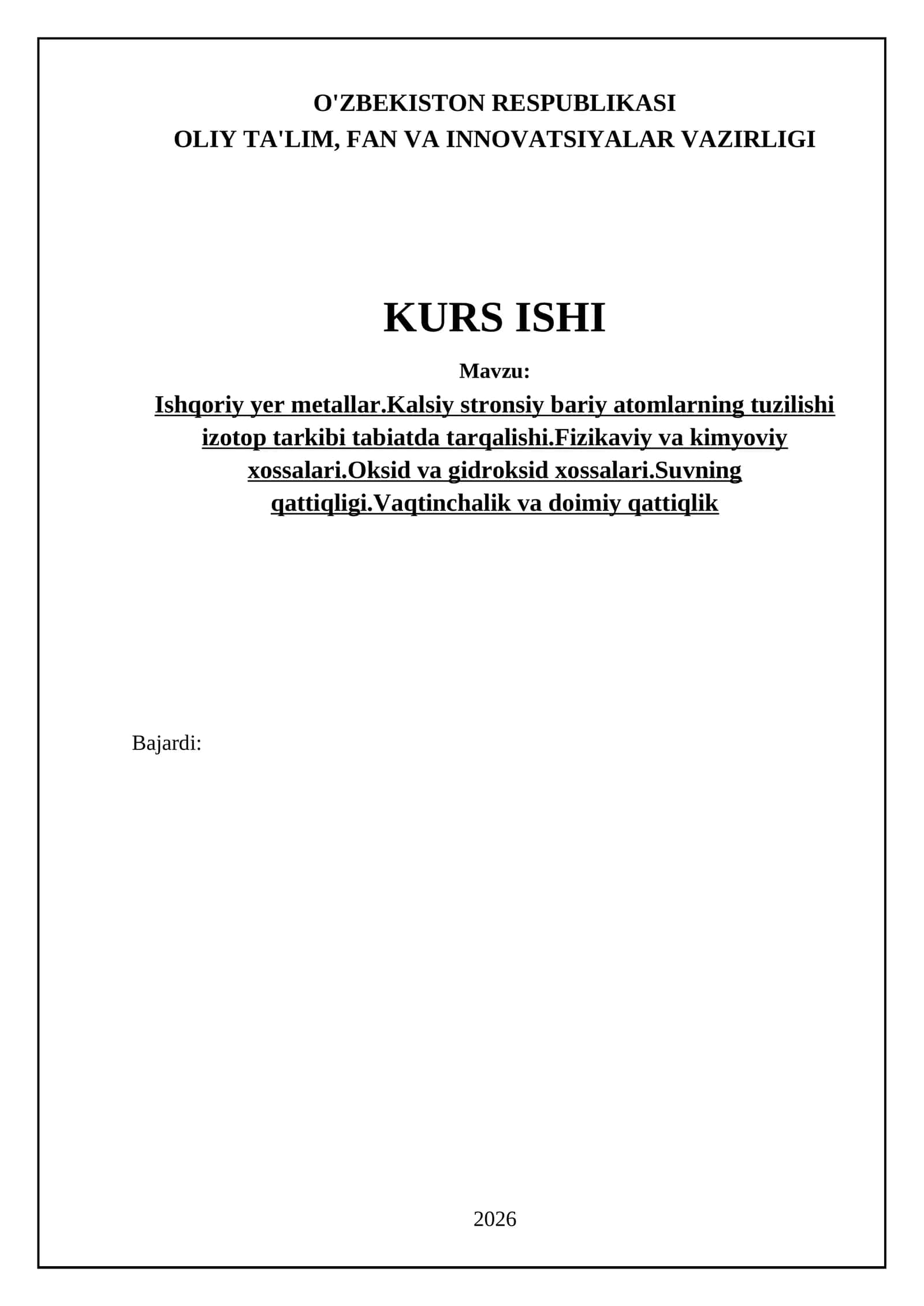 Ishqoriy yer metallar.Kalsiy stronsiy bariy atomlarning tuzilishi izotop tarkibi tabiatda tarqalishi.Fizikaviy va kimyoviy xossalari.Oksid va gidroksid xossalari.Suvning qattiqligi.Vaqtinchalik va doimiy qattiqlik 1