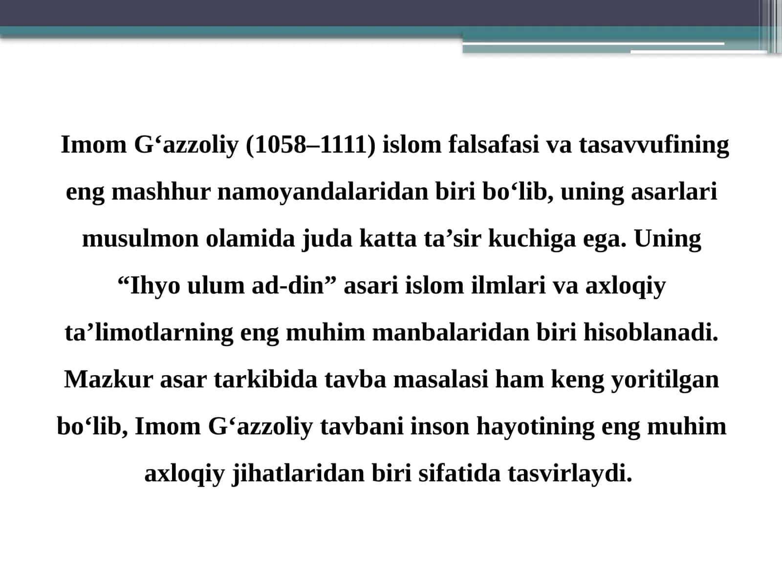 G`azzoliyning Tavba asari asosida ,,Din va axloq 1