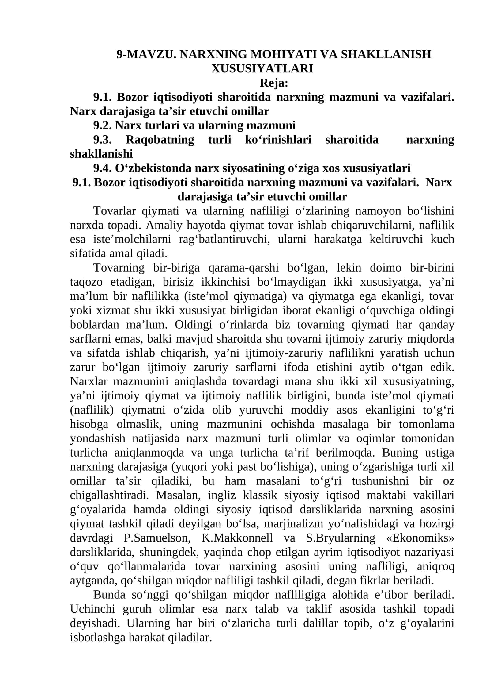 MAVZU. NARXNING MOHIYATI VA SHAKLLANISH XUSUSIYATLARI 1