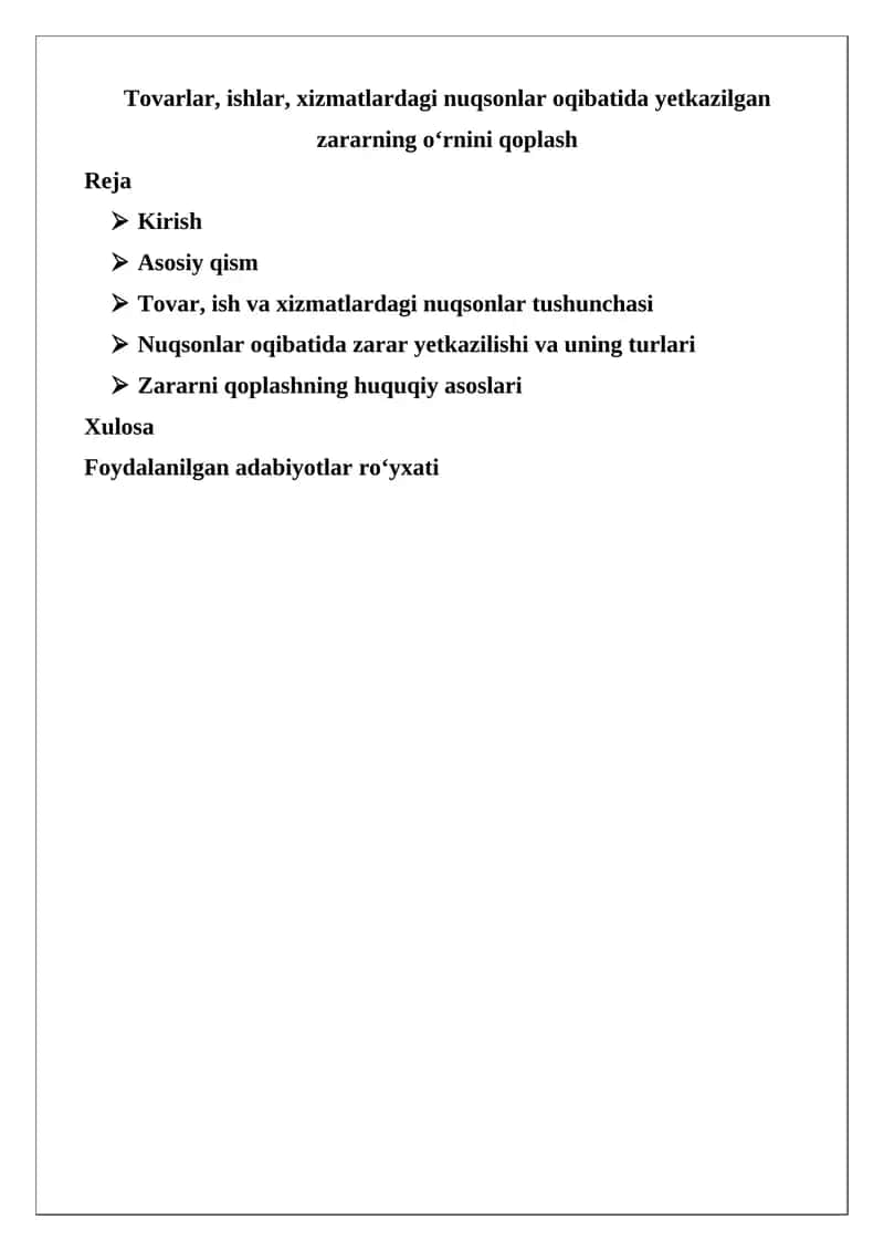 Nuqsonlar oqibatida yetkazilgan zararning o‘rnini qoplash 1
