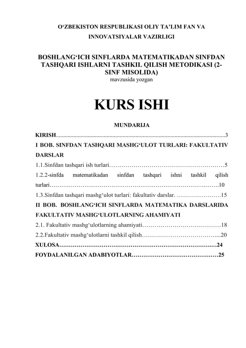 BOSHLANG‘ICH SINFLARDA MATEMATIKADAN SINFDAN TASHQARI ISHLARNI TASHKIL QILISH METODIKASI (2-SINF MISOLIDA) 1