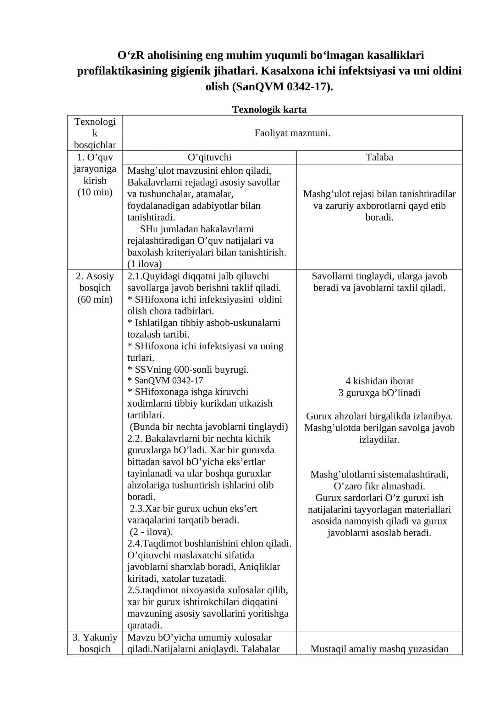 O‘zR aholisining eng muhim yuqumli bo‘lmagan kasalliklari profilaktikasining gigienik jihatlari. Kasalxona ichi infektsiyasi va uni oldini olish (SanQVM 0342-17) 1