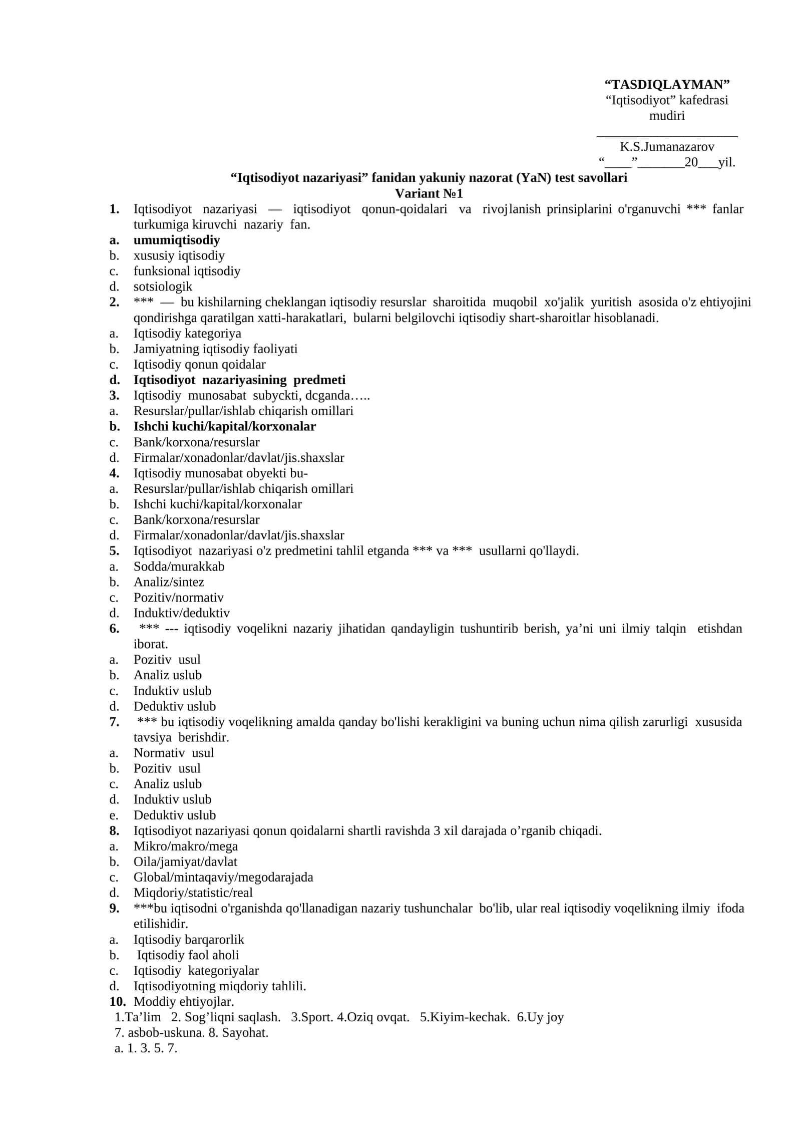 Iqtisodiyot nazariyasi test savollari 1