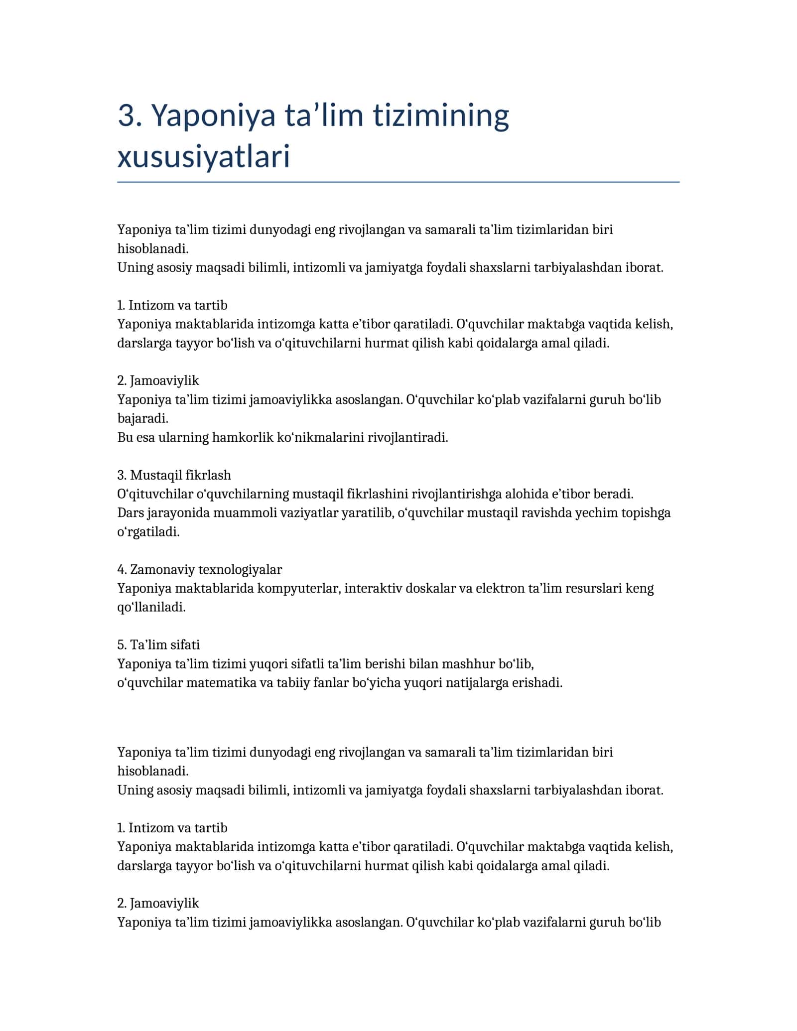 Yaponiya ta’lim tizimining xususiyatlari — Pedagogika kurs ishi bo‘limi 1