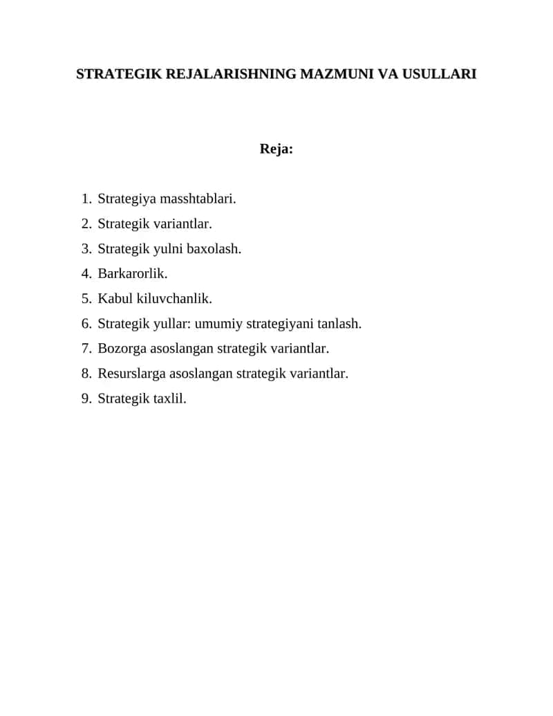 Strategik rejalarishning mazmuni va usullari 1