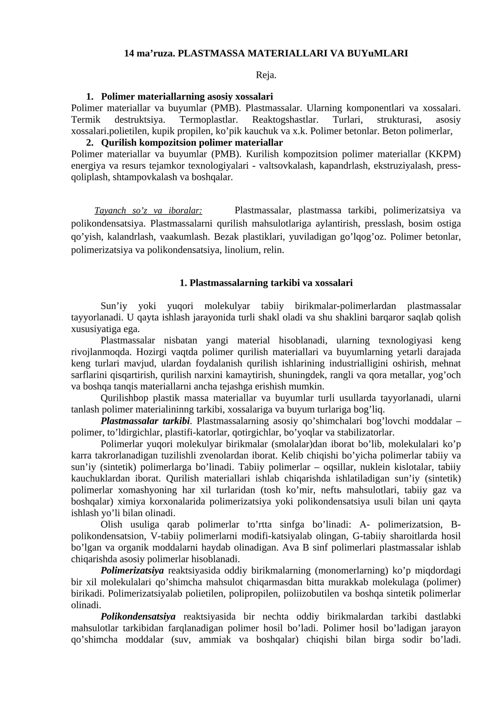 PLASTMASSA MATERIALLARI VA BUYuMLARI 1