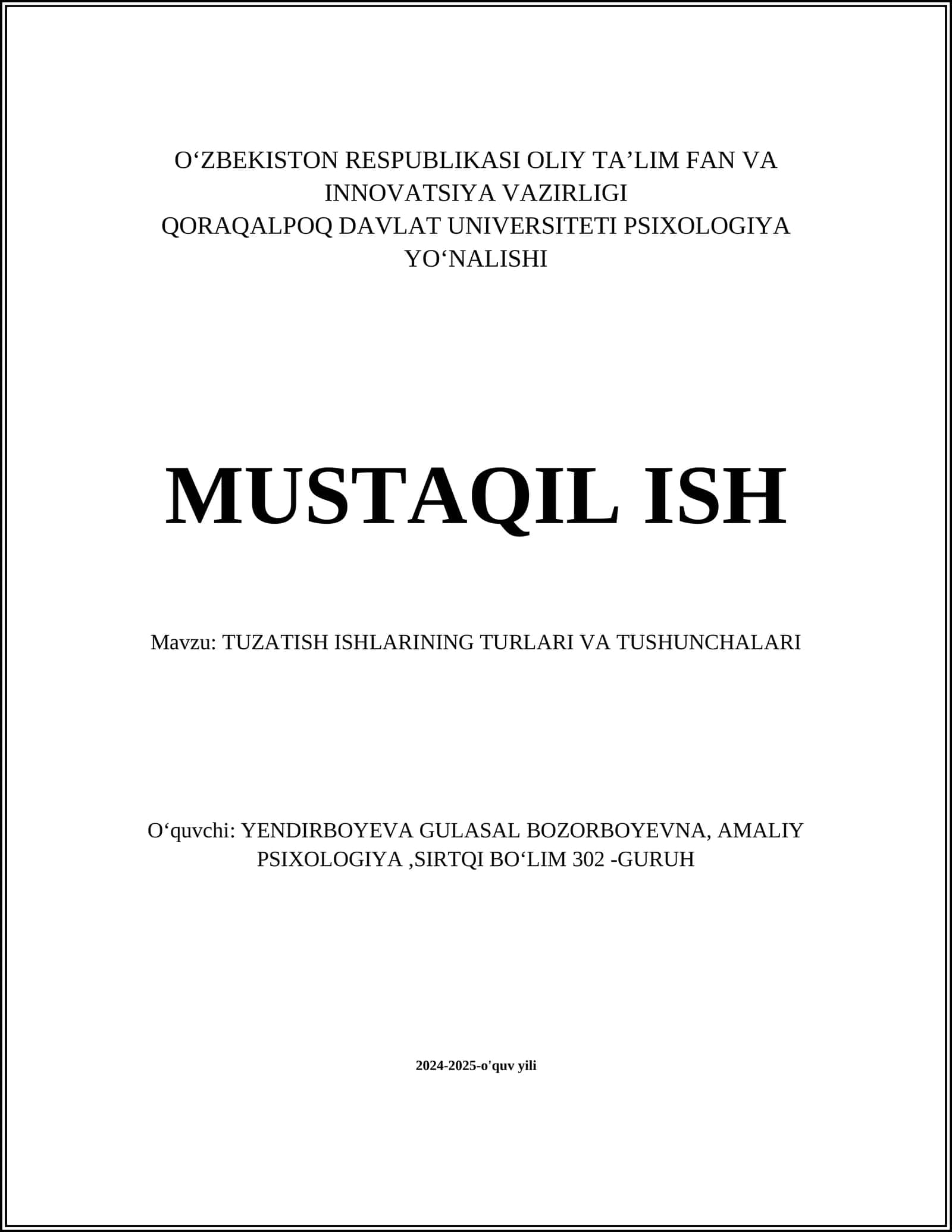 TUZATISH ISHLARINING TURLARI VA TUSHUNCHALARI 1